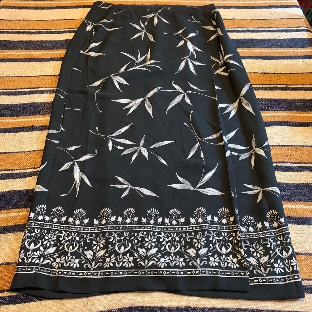 Chaus Maxi Skirt 14 Black White Leaf Border Print Floral Lined Side Slit Long